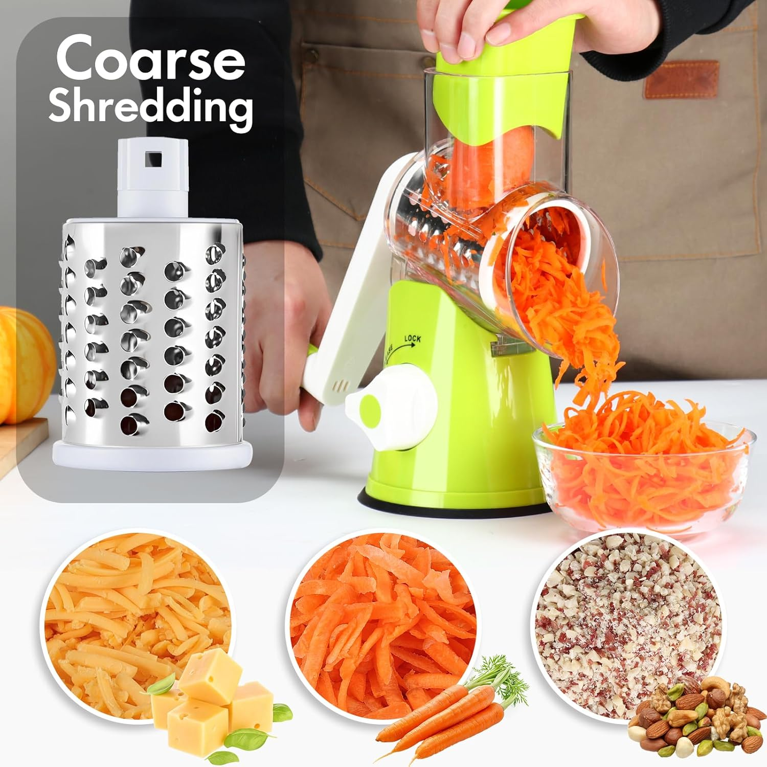 Rotary Cheese Grater Shredder, Speed Kitchen Manual round Mandolin Slicer Safe Grinder with 3 Interchangeable Blades for Nuts, Carrot, Hashbrown, Garlic, Walnut, Potato, Chocolate (Green) - Green image number 3