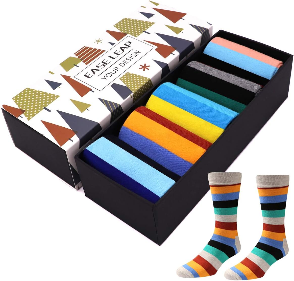 EASE LEAP Mens Dress Socks Funny Colorful Patterned Hosiery Funky Novelty Crew Cotton Socks for Women with Gift Box Size 11-14