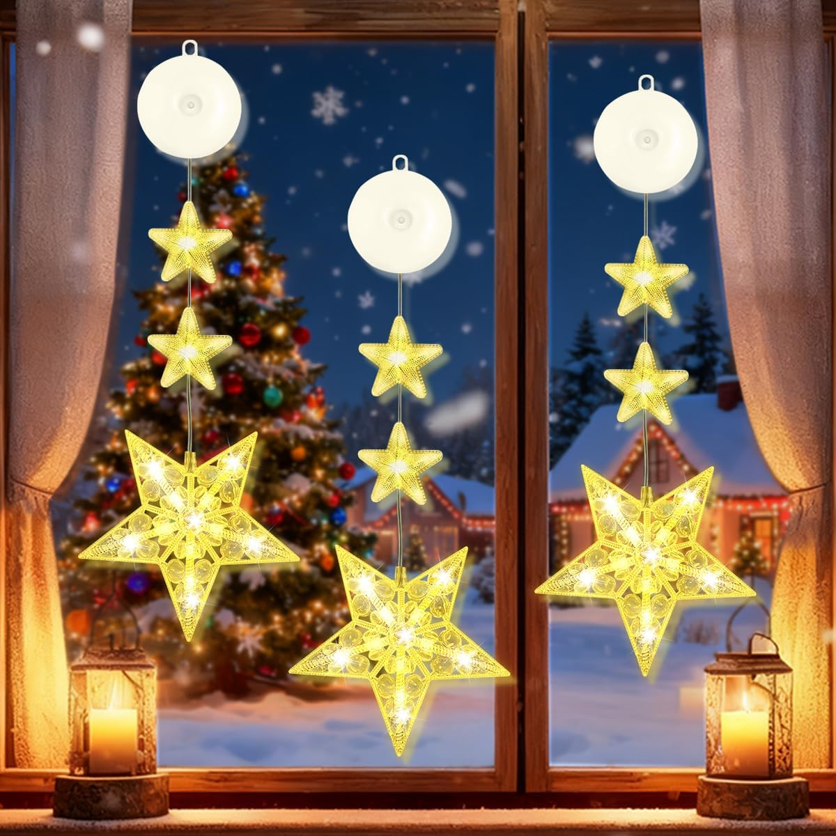 LGZIN Christmas Lights Window Indoor, Pack of 3 LED Stars Christmas Lights, Christmas Decoration Window Indoor Fairy Lights with Suction Cup, Christmas Decoration Window Illuminated Warm White For image number 4