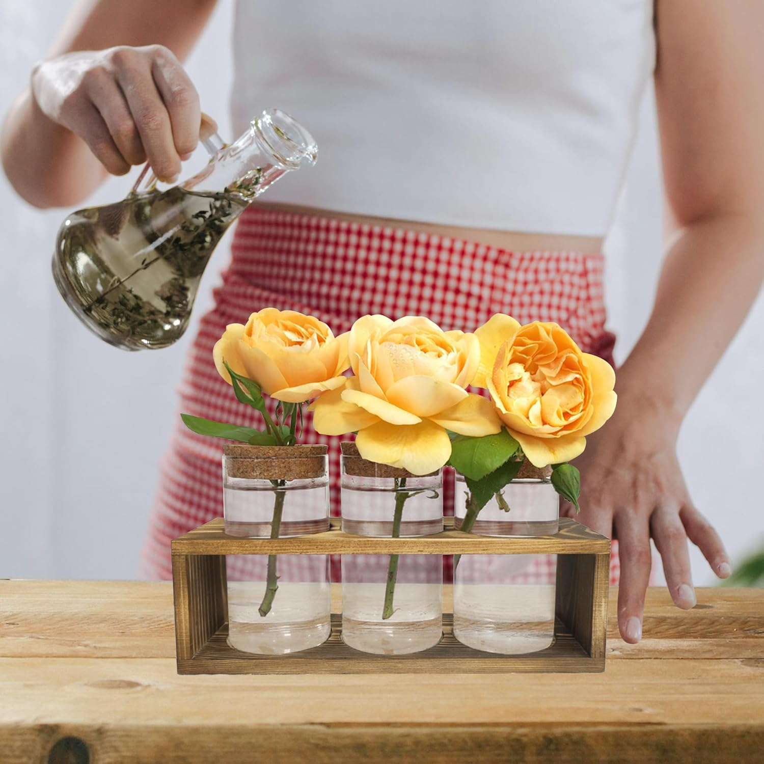 Clear Plant Propagation Station with Retro Wooden Stand, Glass Plant Terrarium Decor with 3 Vase, Desktop Plant Stand for Hydroponic Home Office Garden Decor, Plant Lover Gifts (3 Vase) image number 3