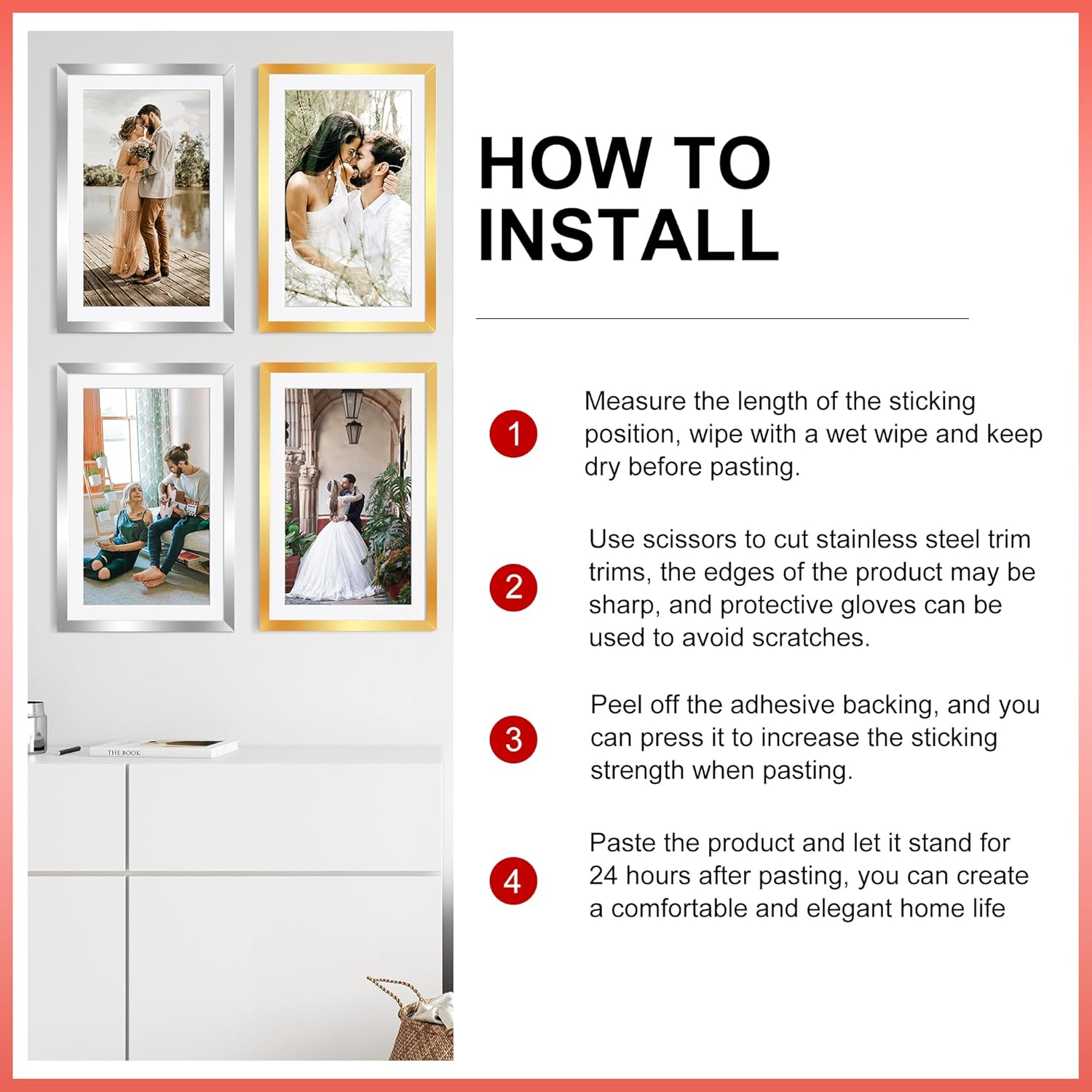 JUNART 600Cm&times;1Cm Stainless Steel Wall Molding Trim,Peel and Stick, Flexible Self-Adhesive Metal Trim for Fireplaces, Mirror Frames, Walls, Ceilings, Floors, Tiles(Silver) image number 4