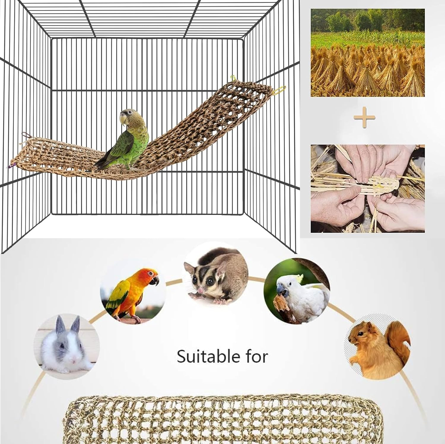Natural Grass Woven Bird Net Hammock,Bird Seagrass Mat,Climbing Rope Ladder,Hammock Hanging on Parrot Cage,With 4 Hooks,Chew Toys for Lovebirds,Cockatiels,Pigeon,Budgies Etc (29.5 X 7In/75 * 18Cm) image number 2