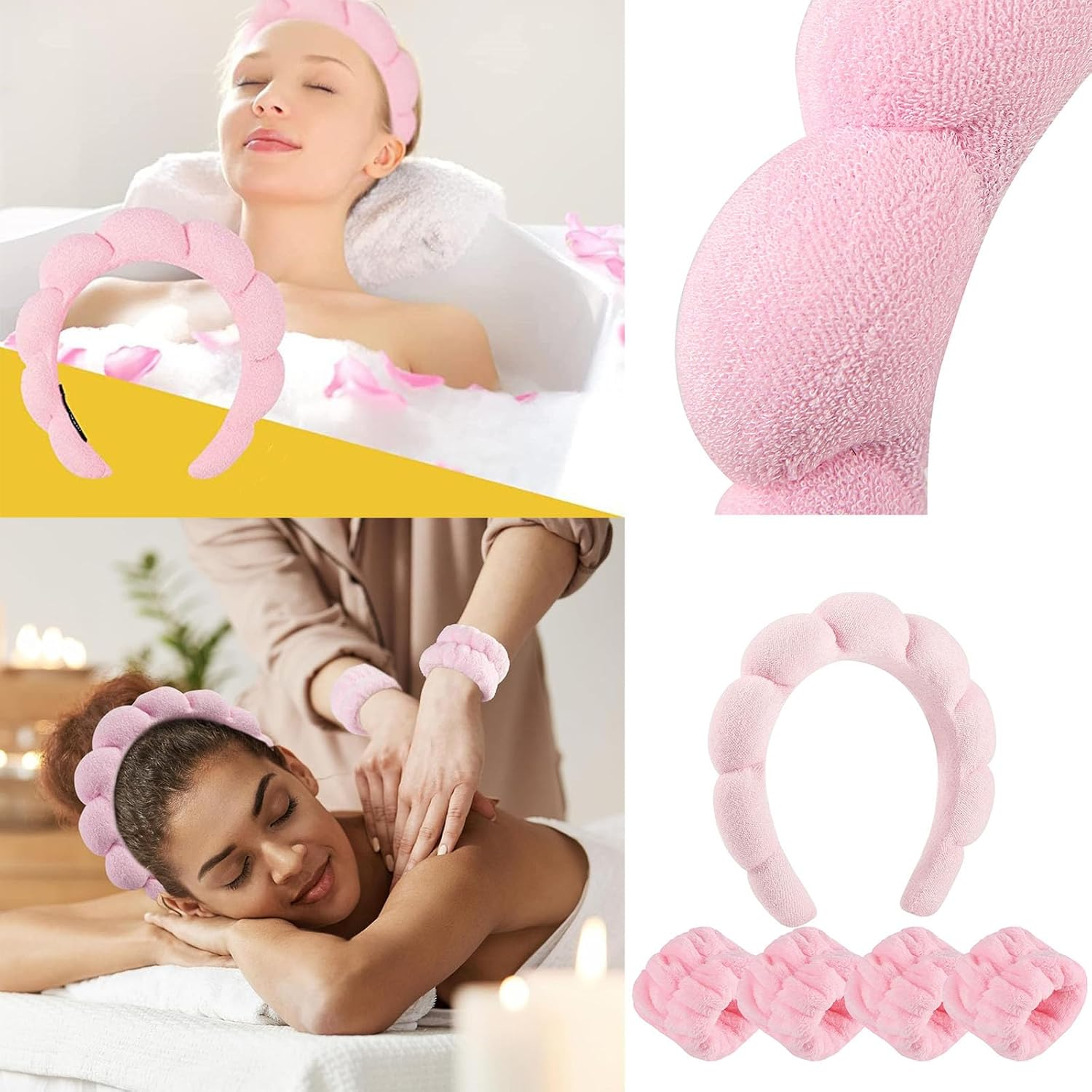 5 Pack Makeup Headband and Wristband for Women,Sponge & Terry Towel Cloth Fabric Headband for Skincare,Makeup Removal, Shower, Skincare (Pink) image number 2