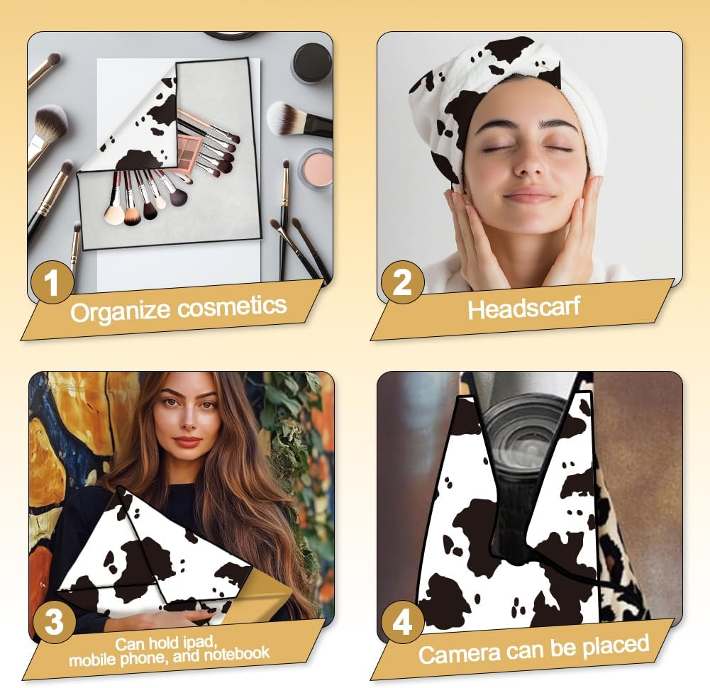 Doodlream 2 Sheets Self-Adhesive Magic Cloth Cow Print Travel Makeup Bag Organizer & Scratch-Resistant Camera Lens Protective Wrap, Reusable Portable Cosmetic Pouch (50X50Cm/35X35Cm), Black and White image number 6