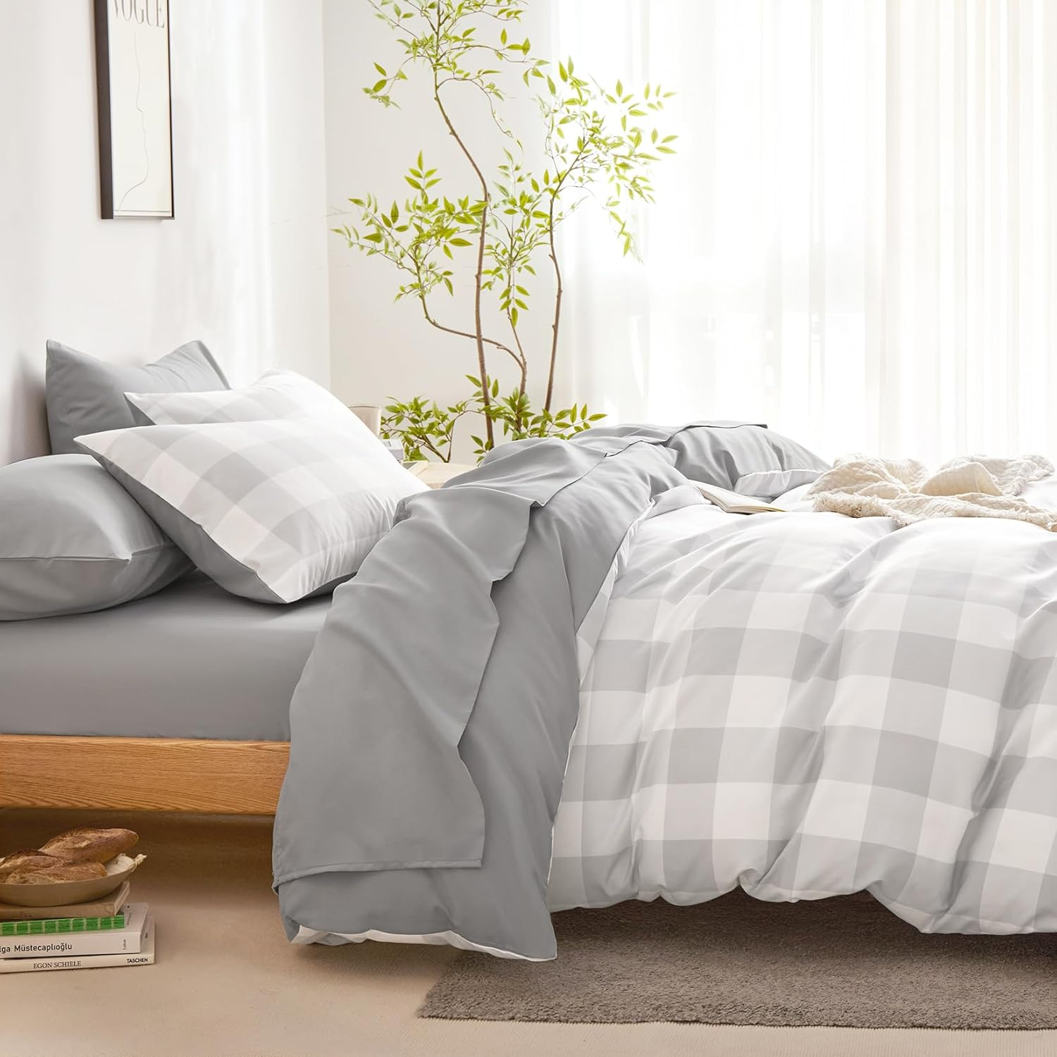 Wake in Cloud - Gingham Quilt Cover Set, Plaid Buffalo Checked Pattern Printed, 1000TC Ultra Soft Microfiber Doona Duvet Cover Bedding, 3 Pieces, Light Grey White, Queen Size image number 5