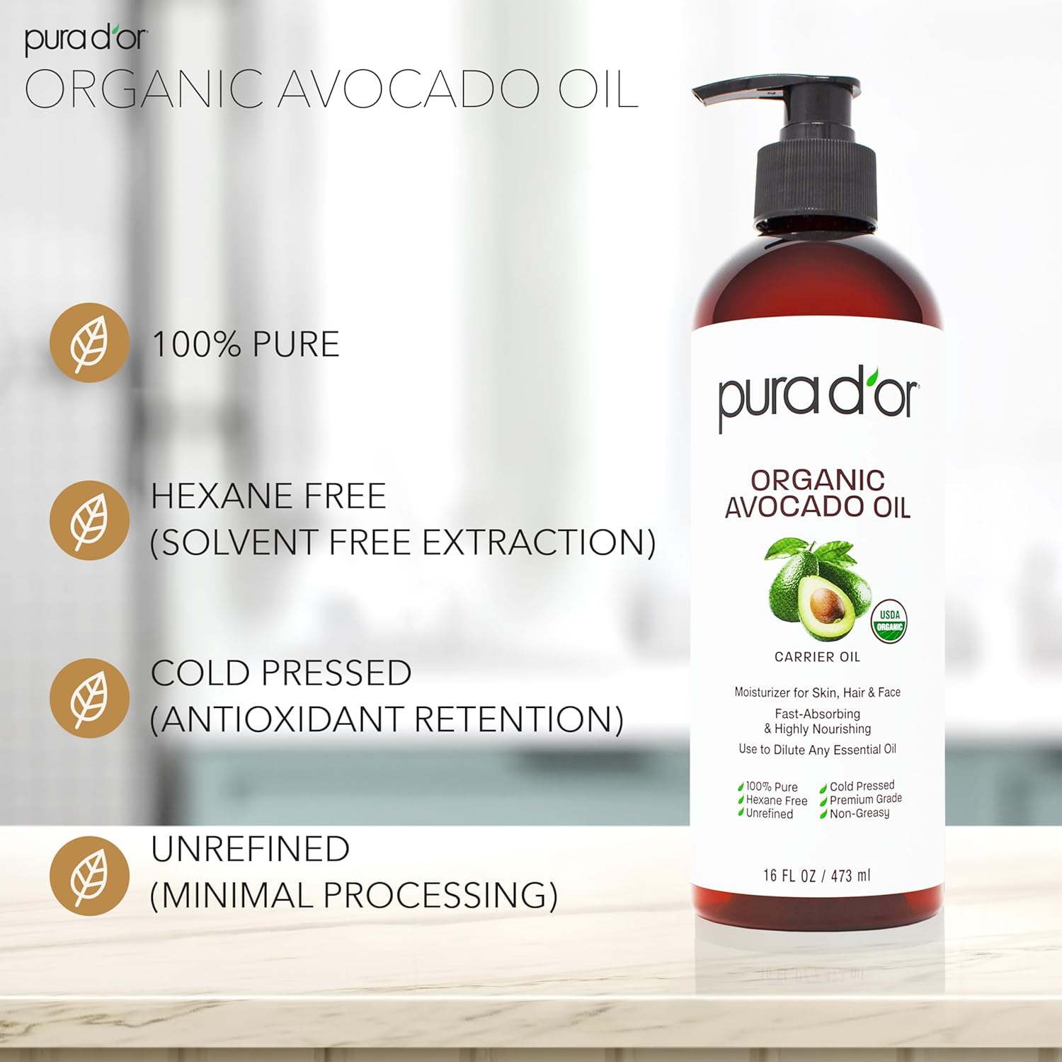 PURA D'OR 16 Oz ORGANIC Avocado Oil - 100% Pure & Natural USDA Certified Cold Pressed Carrier Oil for DIY Beauty, Non-Greasy, Unscented, Hexane Free Liquid Moisturizer - Face Skin & Hair - Men & Women image number 1