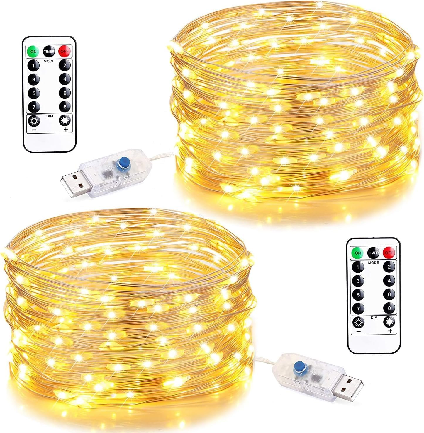 Fairy Lights for Bedroom, [2 Pack] 100 LED Lights W/ 8 Mode USB Powered, Twinkle Icicle Festoon String Lights W/Remote & Timer for Indoor Xmas Party Wall Wedding Home D&eacute;cor Products(Warm White)