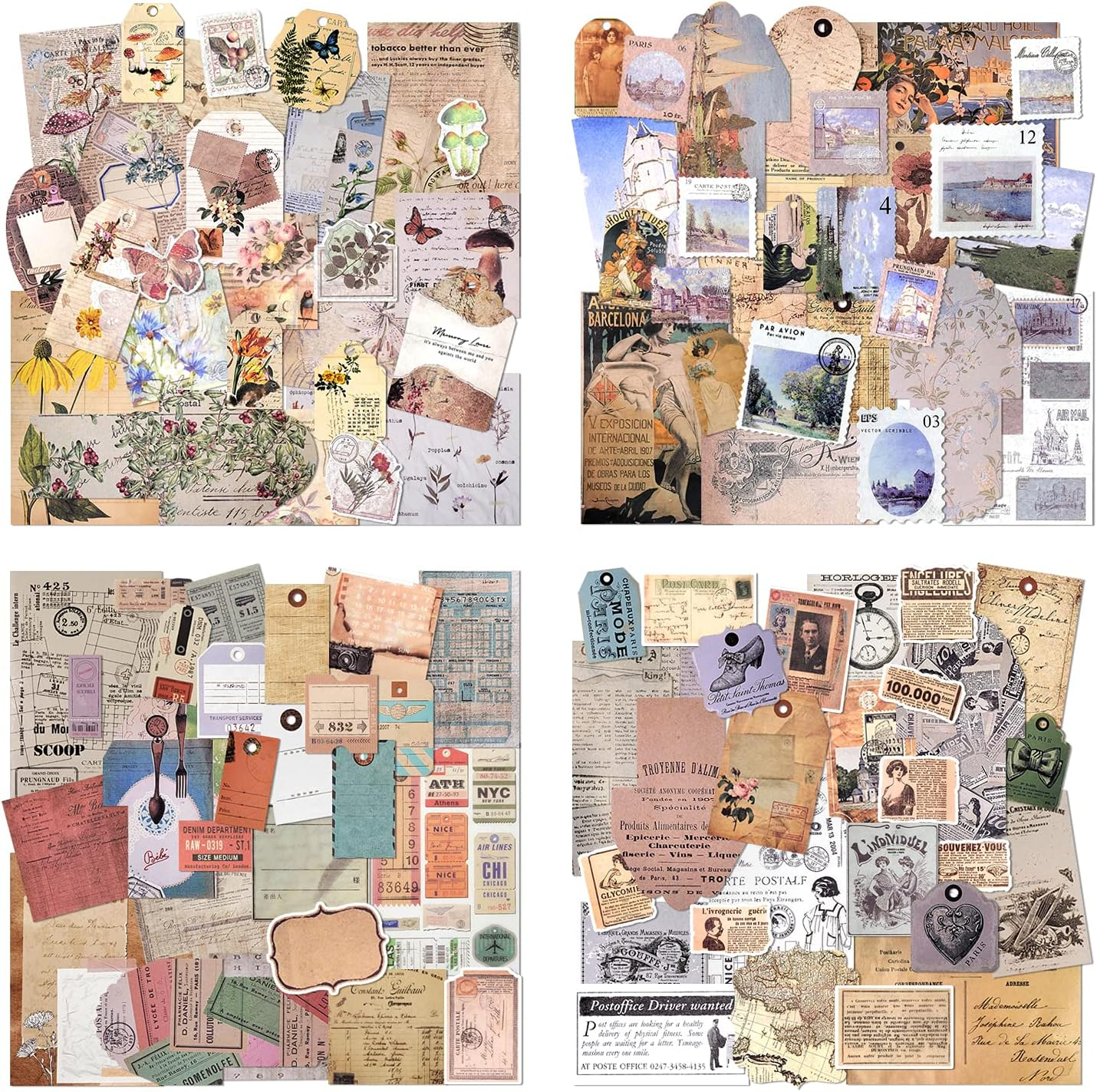 4 Packs Vintage Pattern Paper Set Scrapbook Paper Decorative Paper Kraft Paper with Print Single-Sided in Various Sizes and Shapes for Card Making Paper Craft Die Cutting Collage (Artistic)