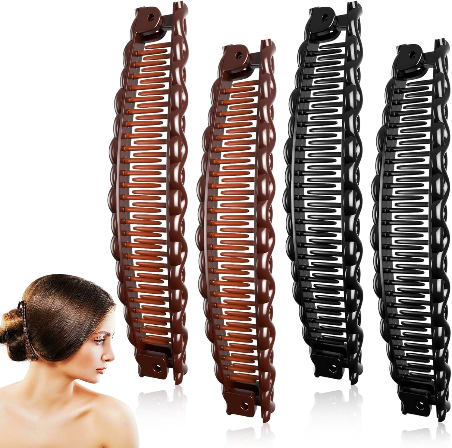 QESSUVNC Pack of 4 Large Banana Clips, Vintage Banana Clip Hair for Women and Girls, Suitable for Daily Life and Fashion Styling (Brown and Black) image number 3