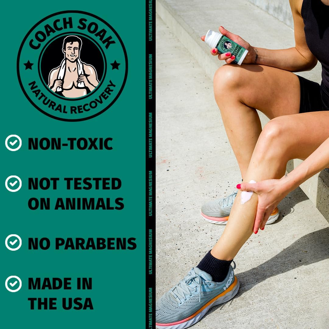 Coach Soak Magnesium Cream with MSM &ndash; Cream with Magnesium Chloride & Peppermint &ndash; Rapid Absorption & Refreshing Sensation &ndash; 100Ml Pump Bottle &ndash; Peppermint Scent