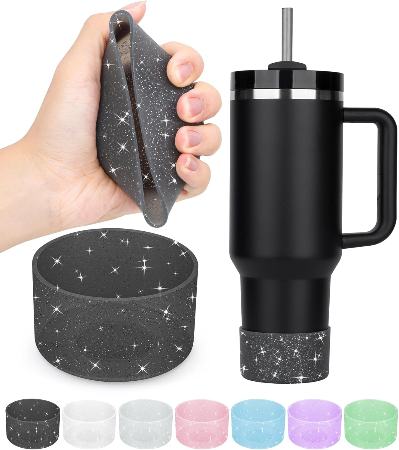 Piccircuit Silicone Boot for Stanley Cup 20-40Oz & Hydroflask 12-24Oz, Glitter Tumbler Accessories, Bottom Protector, Clear (2PCS)