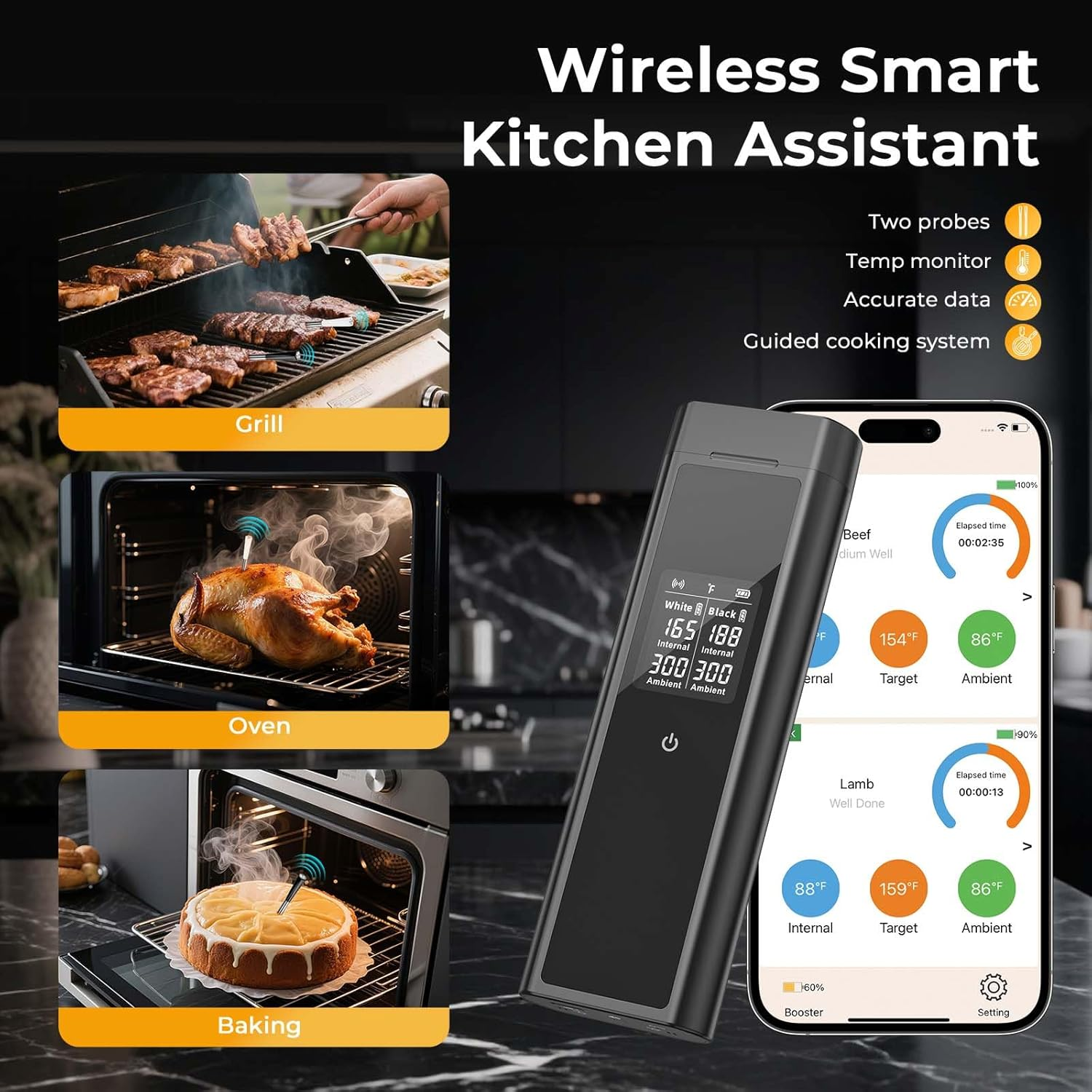 Blueswan Bluetooth Meat Thermometer Digital, Food Thermometer Wireless 820 Ft Range with 2 Color Probes with APP for Grill, Smoker, Oven, Magnetic Design for Cooking, BBQ, Valentines Day Gifts for Him image number 4