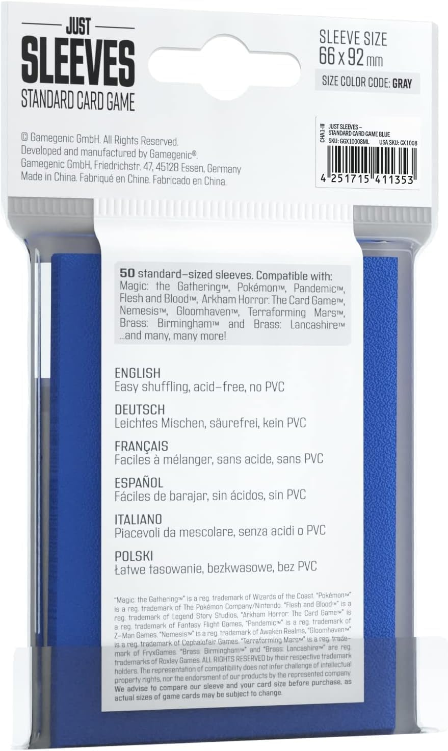 Asmodee Just Sleeves | Pack of 50 Standard Card Sleeves for Board Game and Card Games | Professional Protection for up to 50 Large TCG Decks & Gaming Cards | Blue Color | Made by Gamegenic - Red image number 1