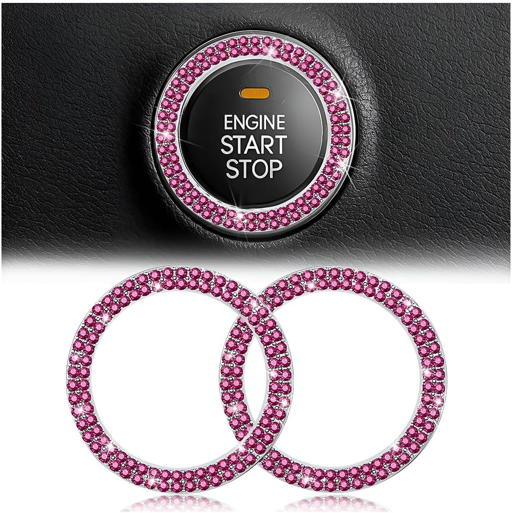 Car Bling Crystal Rhinestone Engine Start Ring Decals, 2 Pack Car Push Start Button Cover/Sticker, Key Ignition Knob Bling Ring, Sparkling Car Interior Accessories for Women (Double Purple) - Double Black image number 4