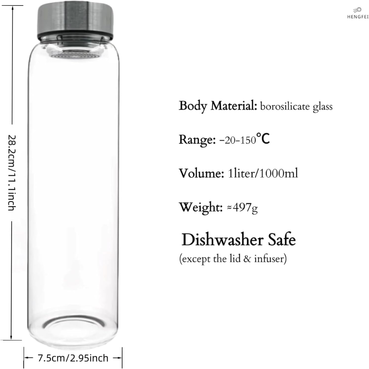 HENGFEI Glass Water Bottle 1L with Steel Lid，Clear Borosilicate Glass Drink Bottle with Infuser and Travel Sleeve. image number 4