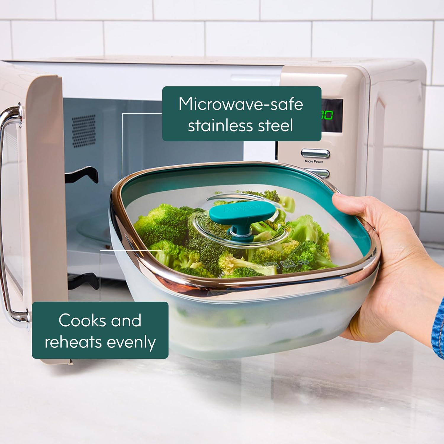 Anyday Microwave Cookware Set 2-Piece, Glass, Microwave Safe, Steamer & Rice Cooker, Silicone & Stainless Steel, Blueberry image number 1