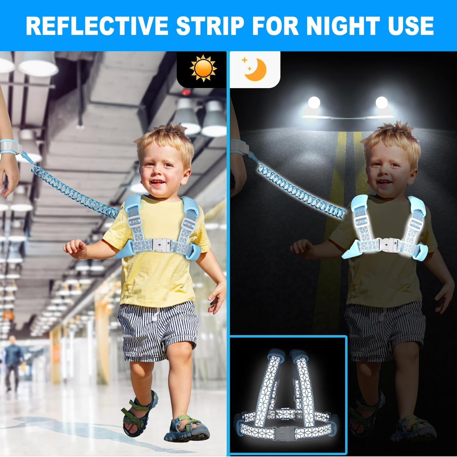 3 in 1 Reflective Kids Leashes, Toddler Harness Leash with anti Lost Wrist Link, Child Harness with Key Lock Design for Boys/Girls, Walking Wristband Rope Protection Tether Belt, Blue image number 2