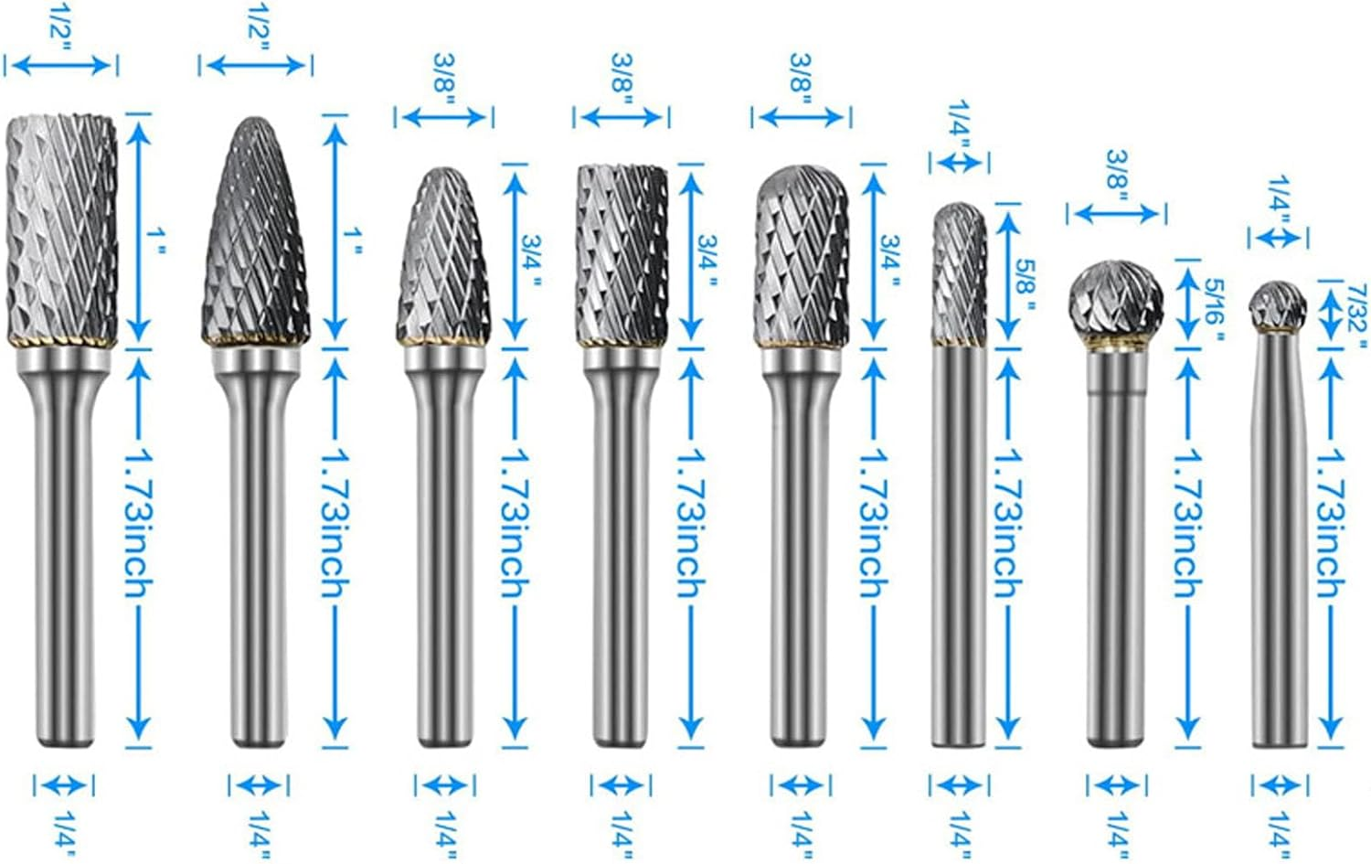 8PCS Tungsten Steel Carbide Burr Set,Double Cut Solid Power Tools Tungsten Carbide Files Bits for Die Grinder Metal Wood Carving Engraving Polishing Drilling Grinding