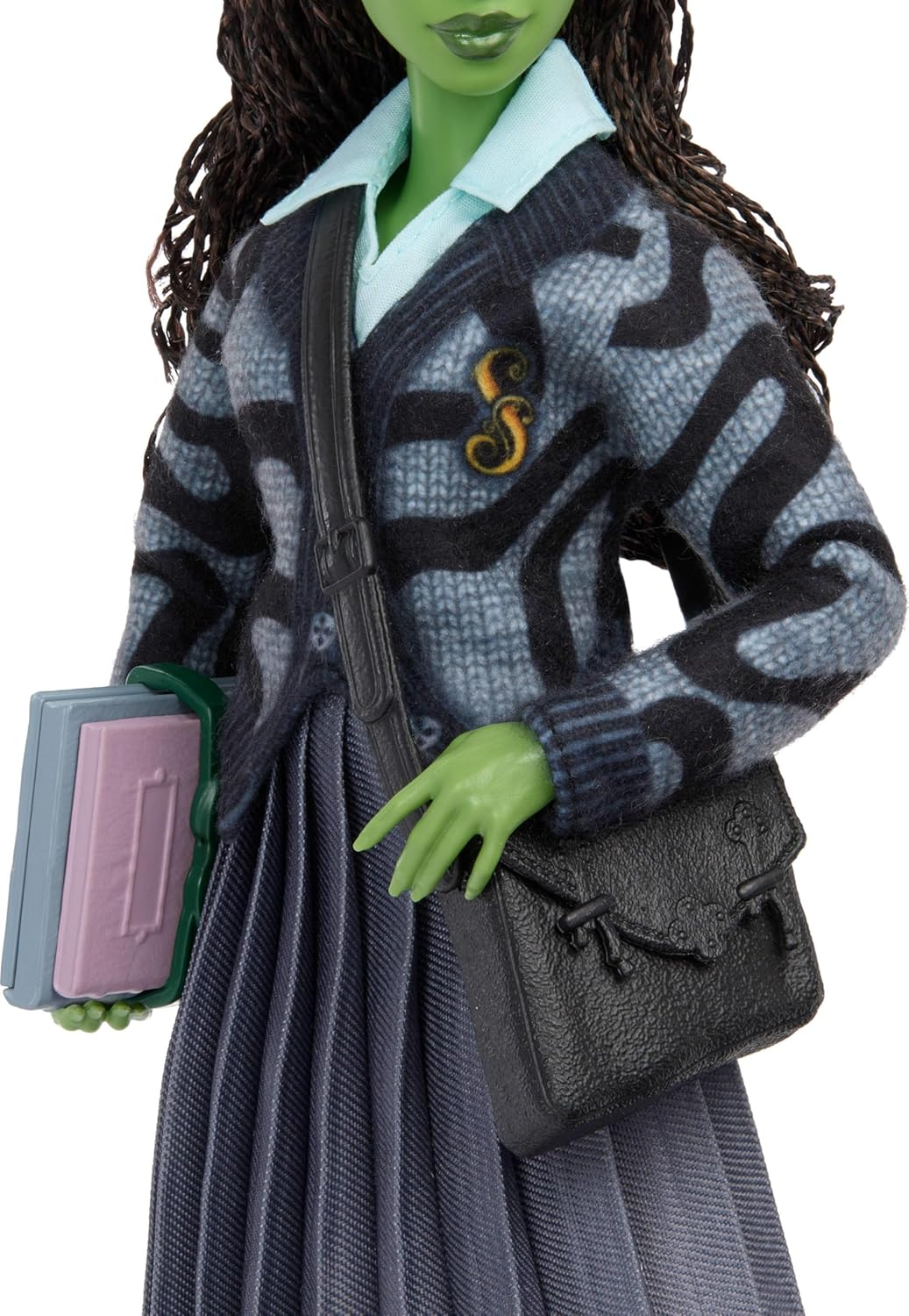 Mattel Universal Wicked Elphaba Fashion Doll & Accessories with Green Skin, Braided Black Hair, Posability & Removable School Uniform image number 3