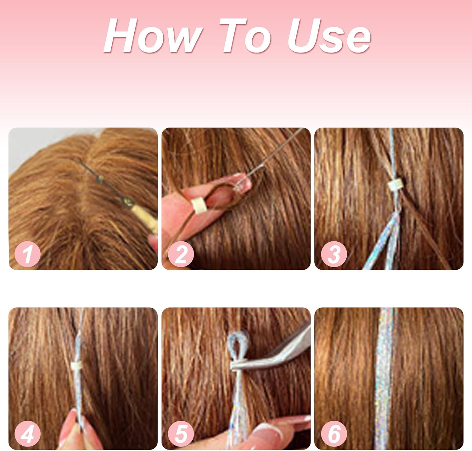 VEGCOO Coloured Hair Extensions 4400 Strands, Hair Tinsel Kit 20 Colors with Tools, Glitter Synthetic Straight Hair Extension Clips Party Highlights Hair Accessories for Kids Girls Women image number 2