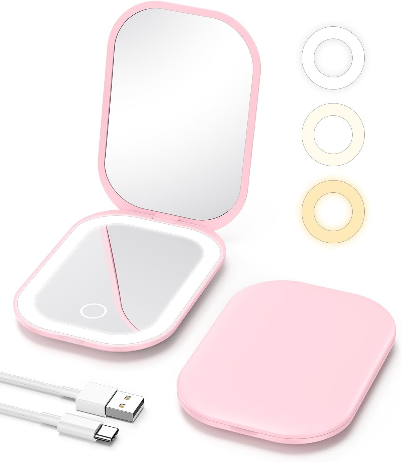 Gospire Lighted Travel Makeup Mirror with Light and Magnification, 3X Magnification Rechargeable Compact Mirror with Three-Color Adjustable Light, Led Mini Mirror for Purse - Pink