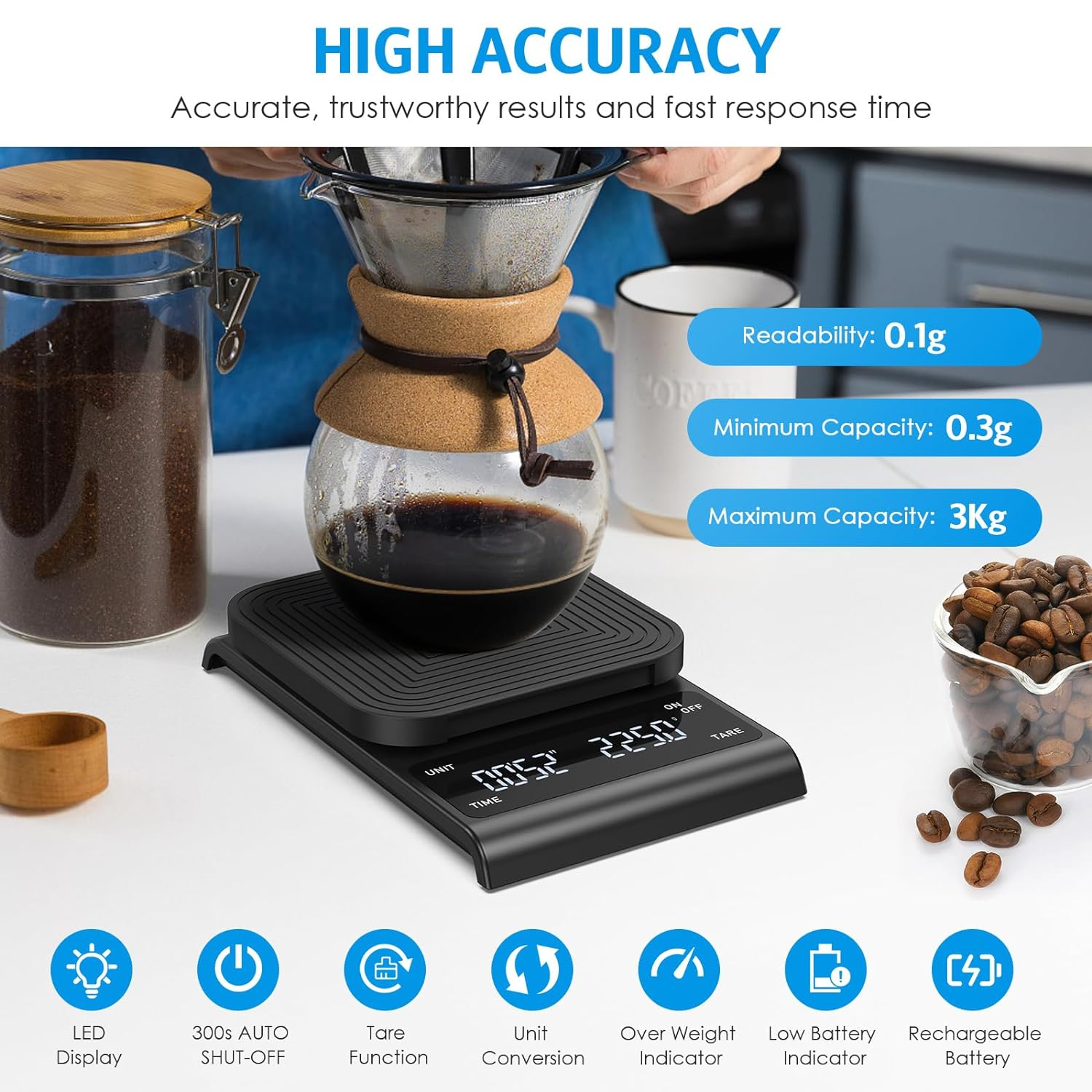 AMIR Digital Coffee Scale, 0.1G/3Kg Accurate Scale for Digital Coffee Scale with LCD Display, Coffee Scale with Timer, Silicone Non-Slip Mat, Tare Funtion, Espresso Coffee Scale for Cooking Baking image number 6