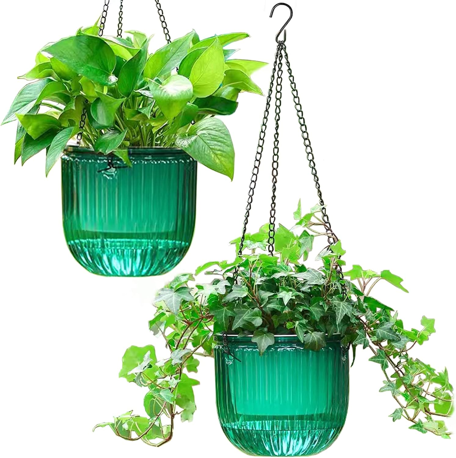 Melphoe 2 Pack Self Watering Hanging Planters Indoor Hanging Flower Pots, 6.5 Inch Outdoor Hanging Plant Pot Basket, Plant Hanger with 3Hooks Drainage Holes for Garden Home Emerald+White