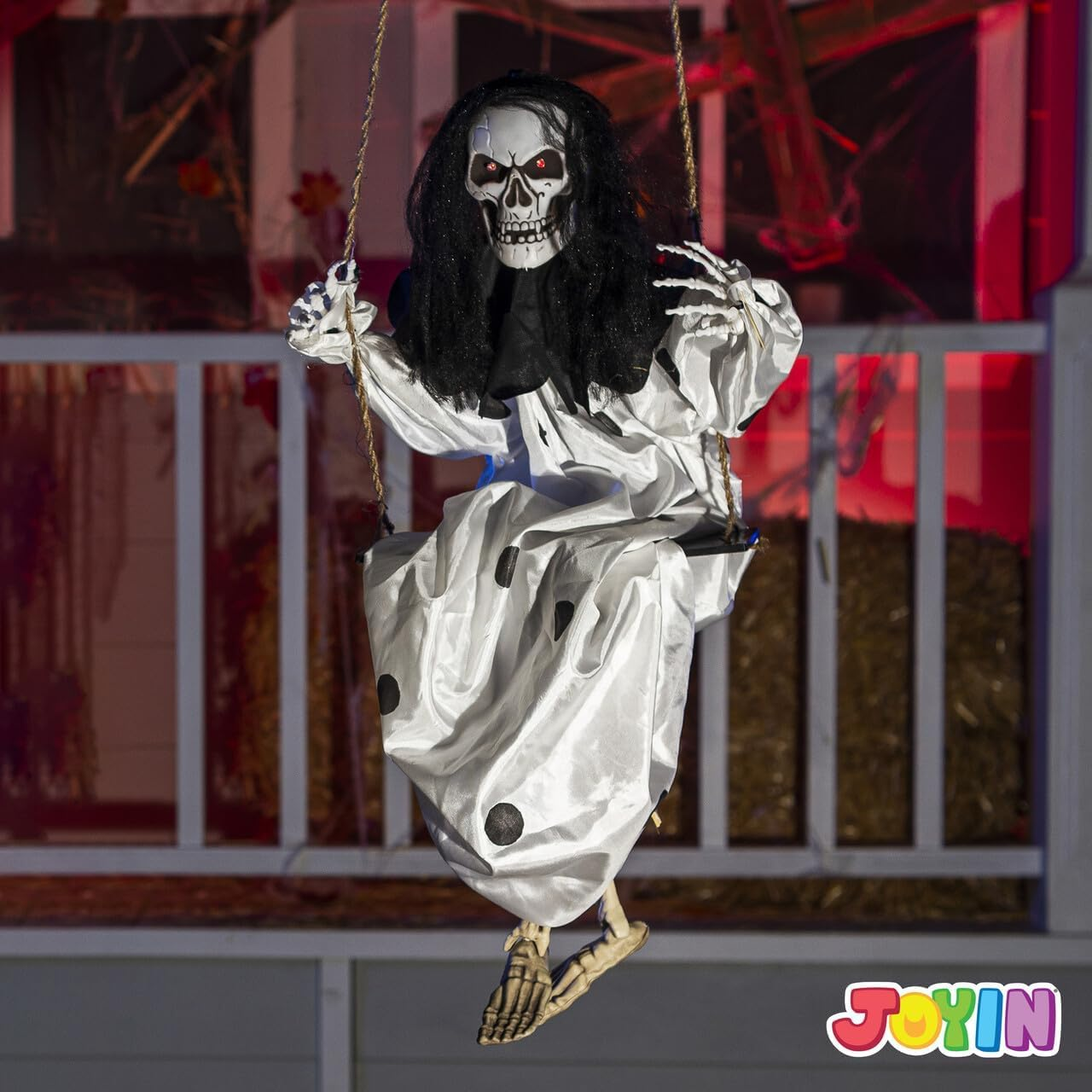 JOYIN Outdoor Halloween Decorations 2 Packs Hanging Ghosts Decor with Lighted up Eyes, 3Ft Scary Grim Reaper Swinging Skeleton Flying for Yard Patio Lawn Garden image number 5
