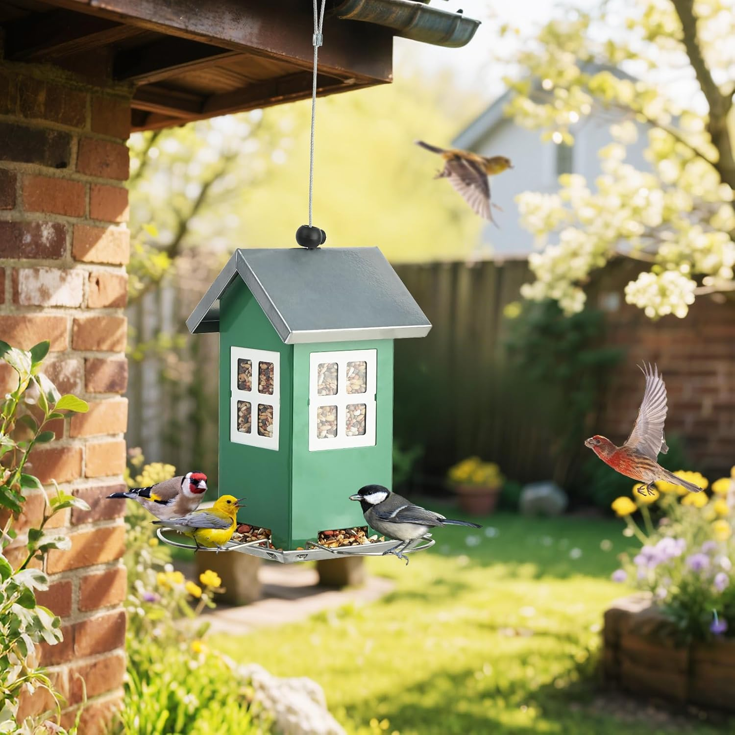 Small Metal Bird Feeders for Outdoors, Cute House Shape Bird Feeder with Window Design, Garden Terrace External Hanging Decorative Birdfeeder for Finch Sparrow Little Birds - Premium Green image number 5