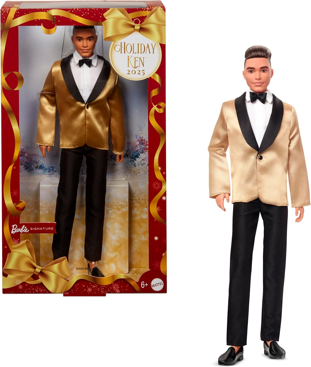 Barbie Signature 2025 Holiday Light Brown Hair Ken Collectible Fashion Doll Wearing Full Suit with Golden Jacket in Displayable Packaging & Doll Stand image number 3