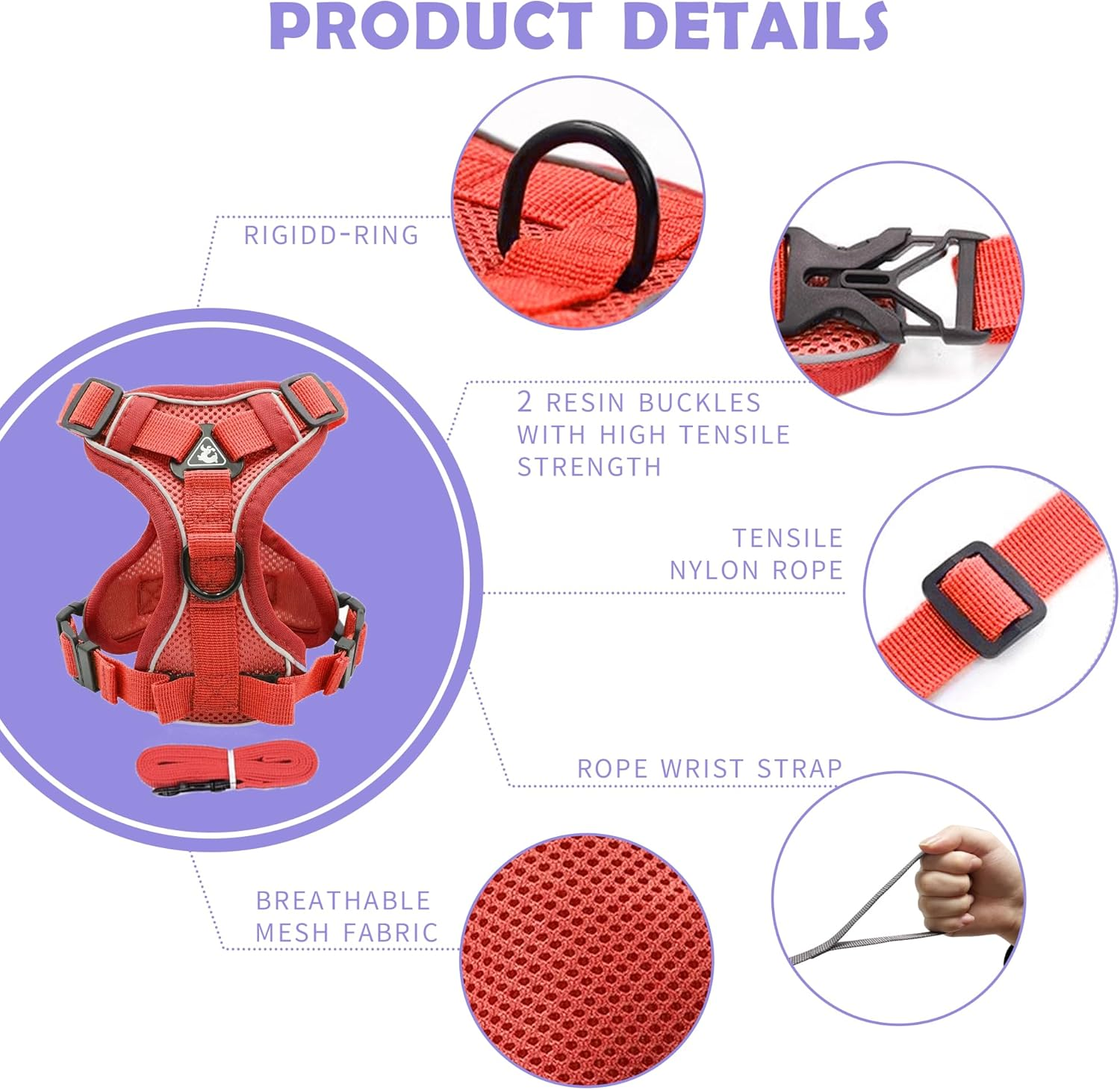 Tikxlafe Cat Harness with Leash, 150 Cm, Cat Leash with Harness, Polyester, Adjustable Cat Leash Set, Escape Proof for Kittens (Red, S)