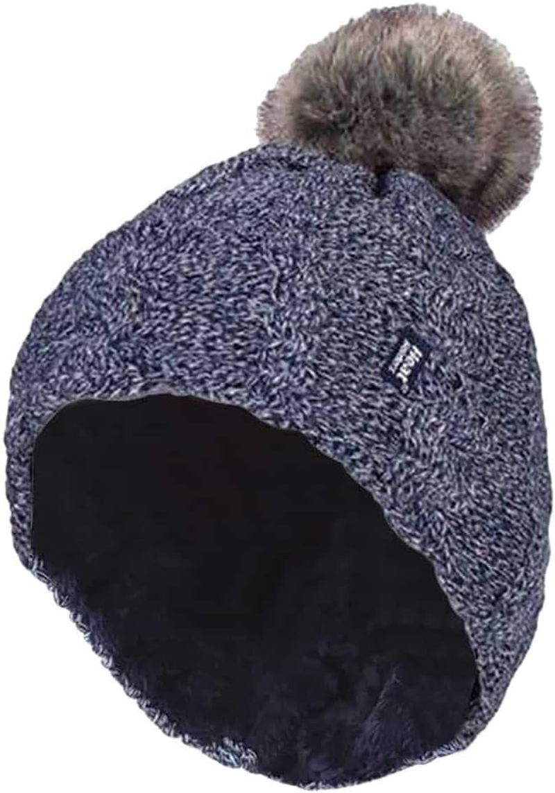 Heat Holders - Ladies Cable Knit Fleece Lined Thermal Winter Bobble Pom Pom Hat