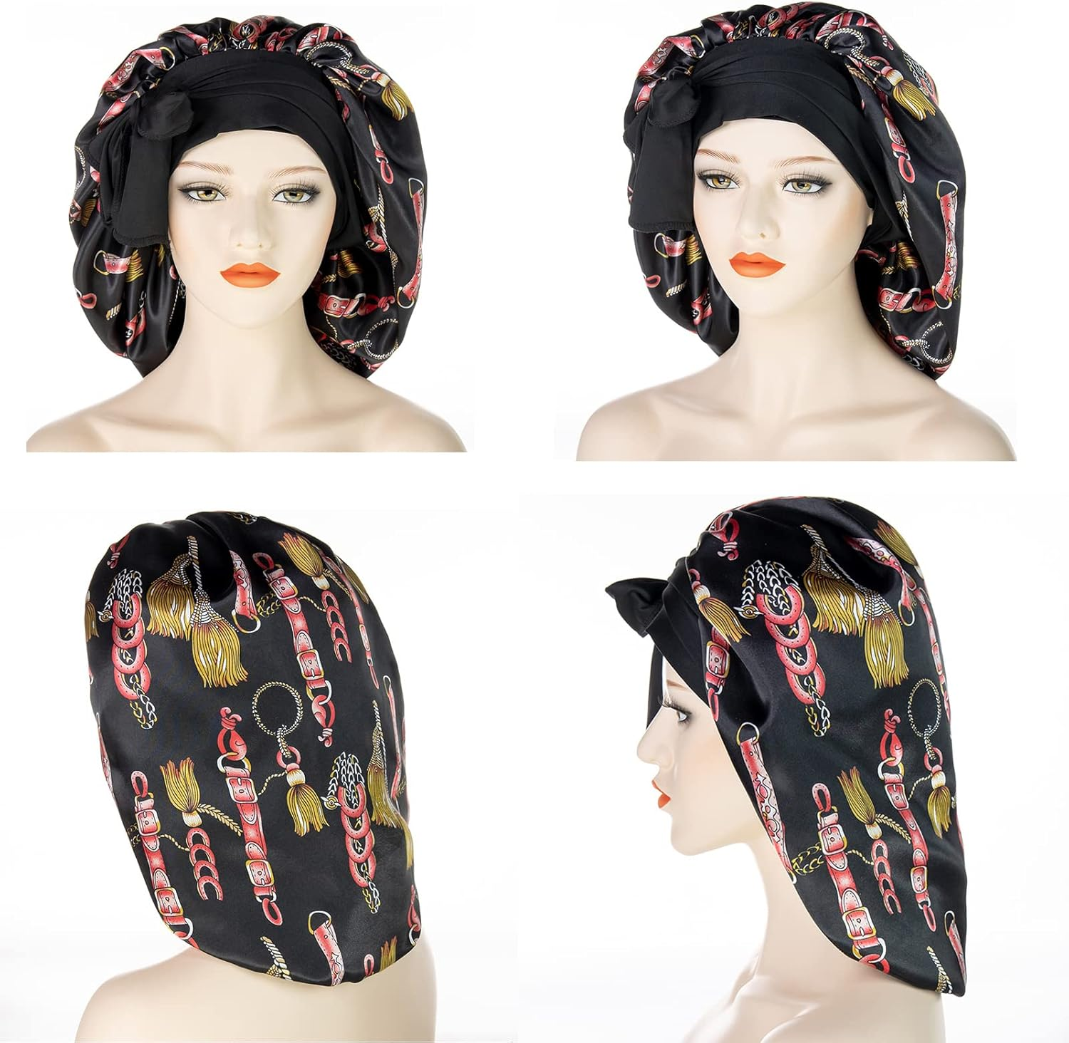 MUFEKUM Hair Bonnet for Sleeping, Printing Satin with Stretchy Tie Band Edge Wrap, Wide Band Silk Large Night Sleep Cap for Women Girls Hair Care - Pattern Navy image number 4