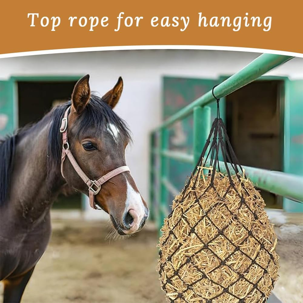 2 Pack Horse Hay Net, Slow Feed Hay Net Bag, Hanging Horse Feeding Bag, Suitable for Horse, Cattle, Sheep, Donkey Feeder, Strong Load-Bearing Capacity (Black) image number 3