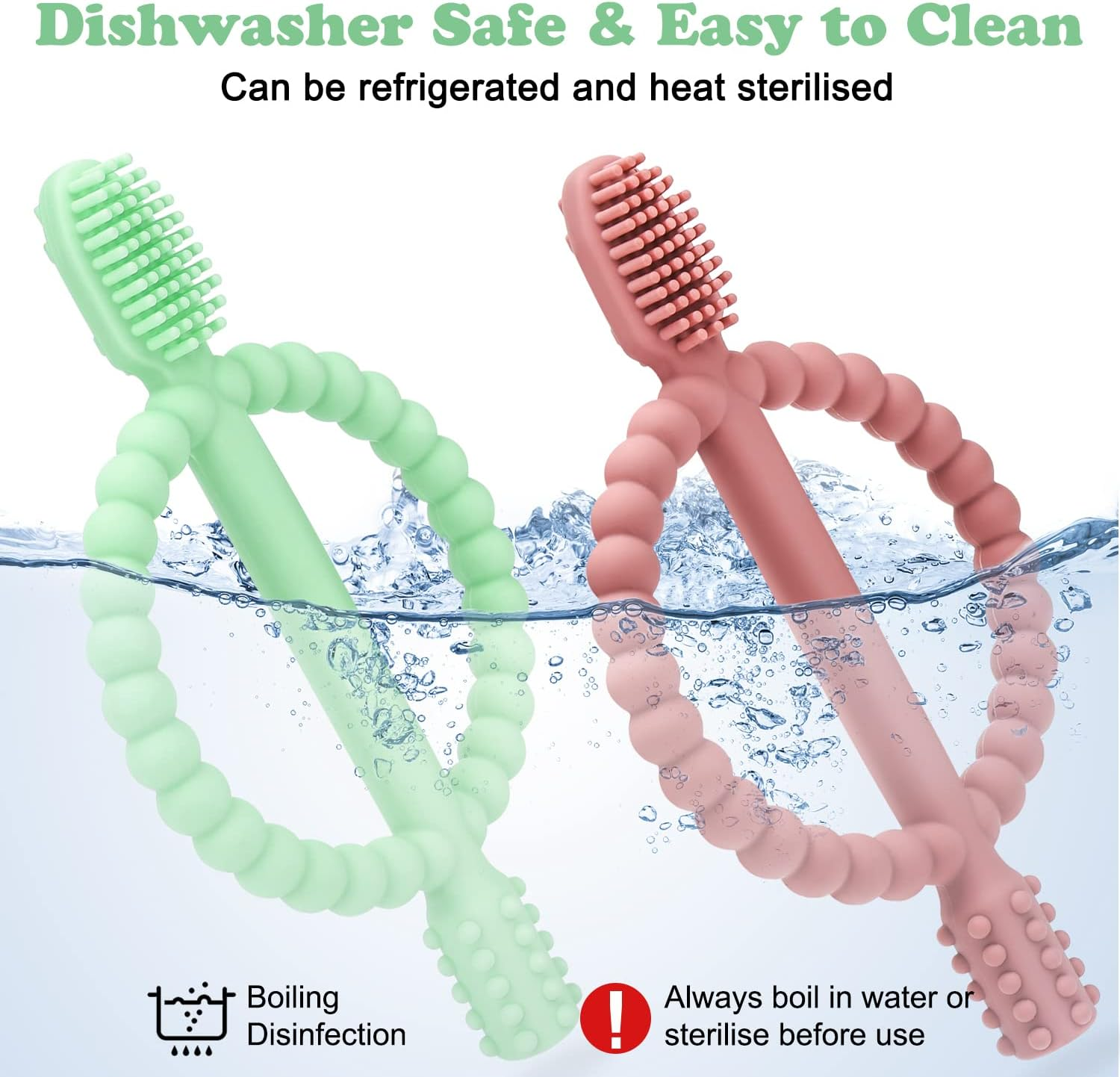 Baby Teething Toys with Easy-Hold Handle, Silicone Infant Toothbrush, Textured on Both Sides Helps Massage, Soothe Sore Gums, Teething Toys for Babies Girl and Boy - Bright Green  Caramel image number 2