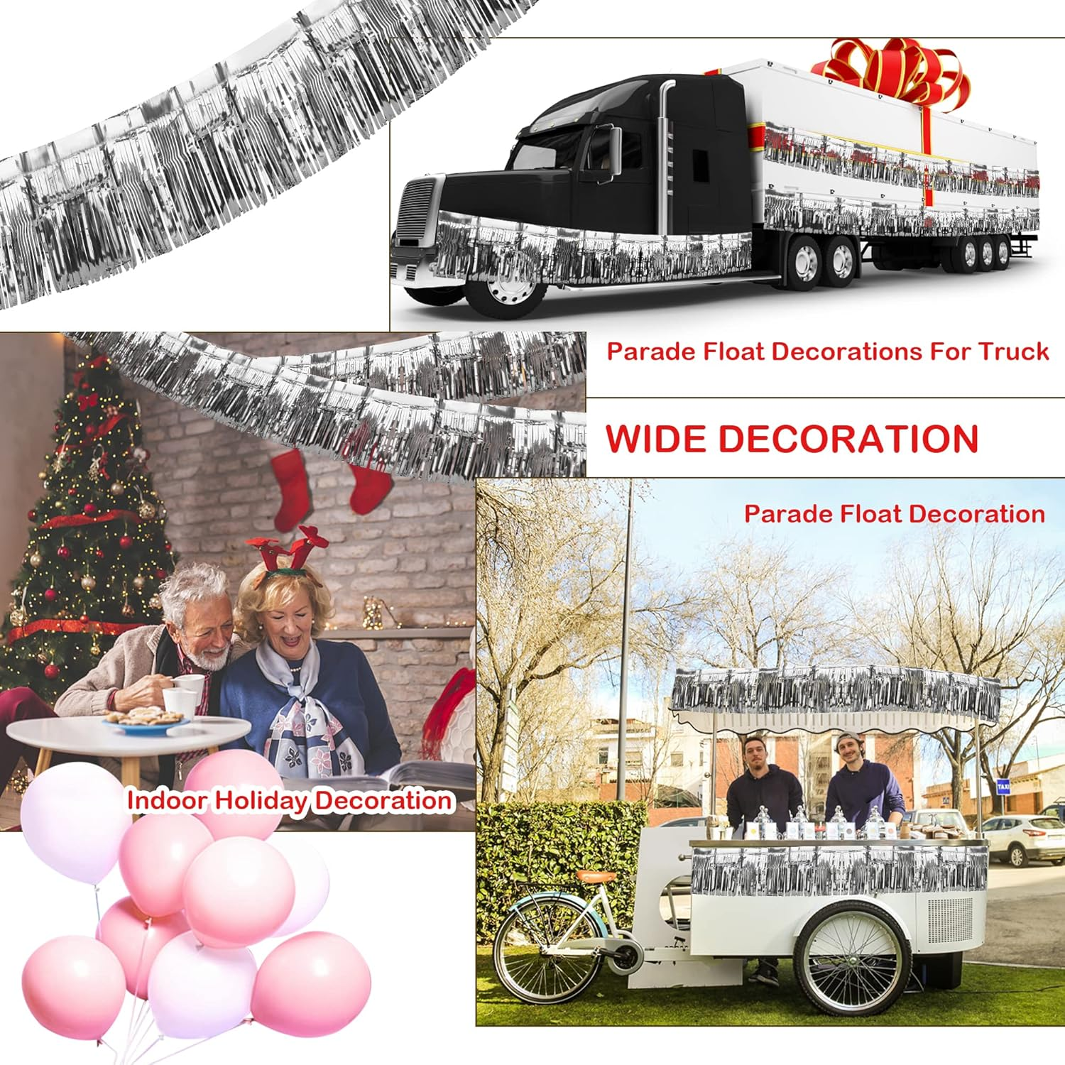 2 Pack Fringe Foil Curtain, Metallic Foil Fringe Garland Shiny Wall Hanging Drapes Tassel Foil Float for Parade Float Trailer, Birthday Holiday Party Decoration (Silver)