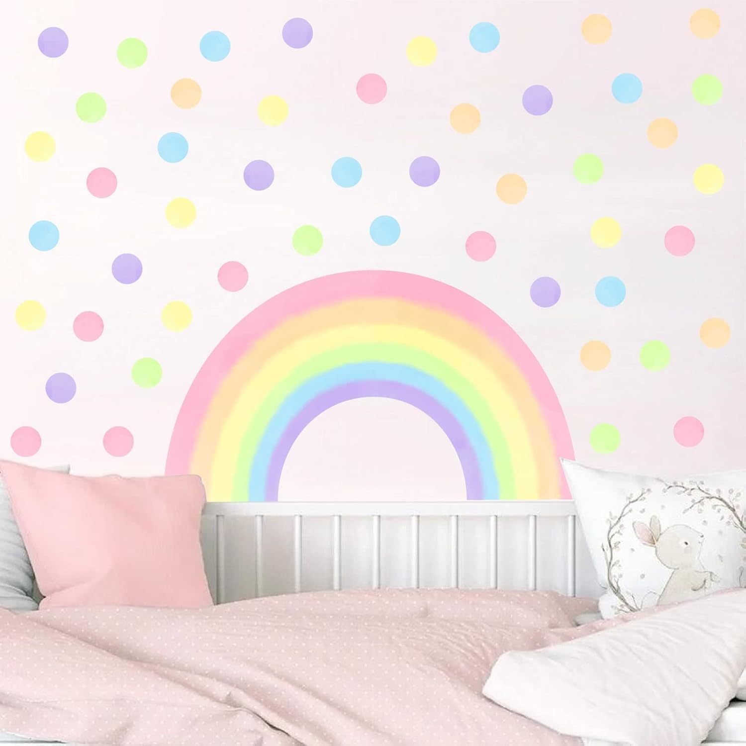 Colorful Rainbow Wall Decals Large Rainbow Wall Stickers Circle Polka Dots Wall Stickers Watercolor Rainbow Wall Decals for Girls Bedroom Nursery Kids Room image number 1