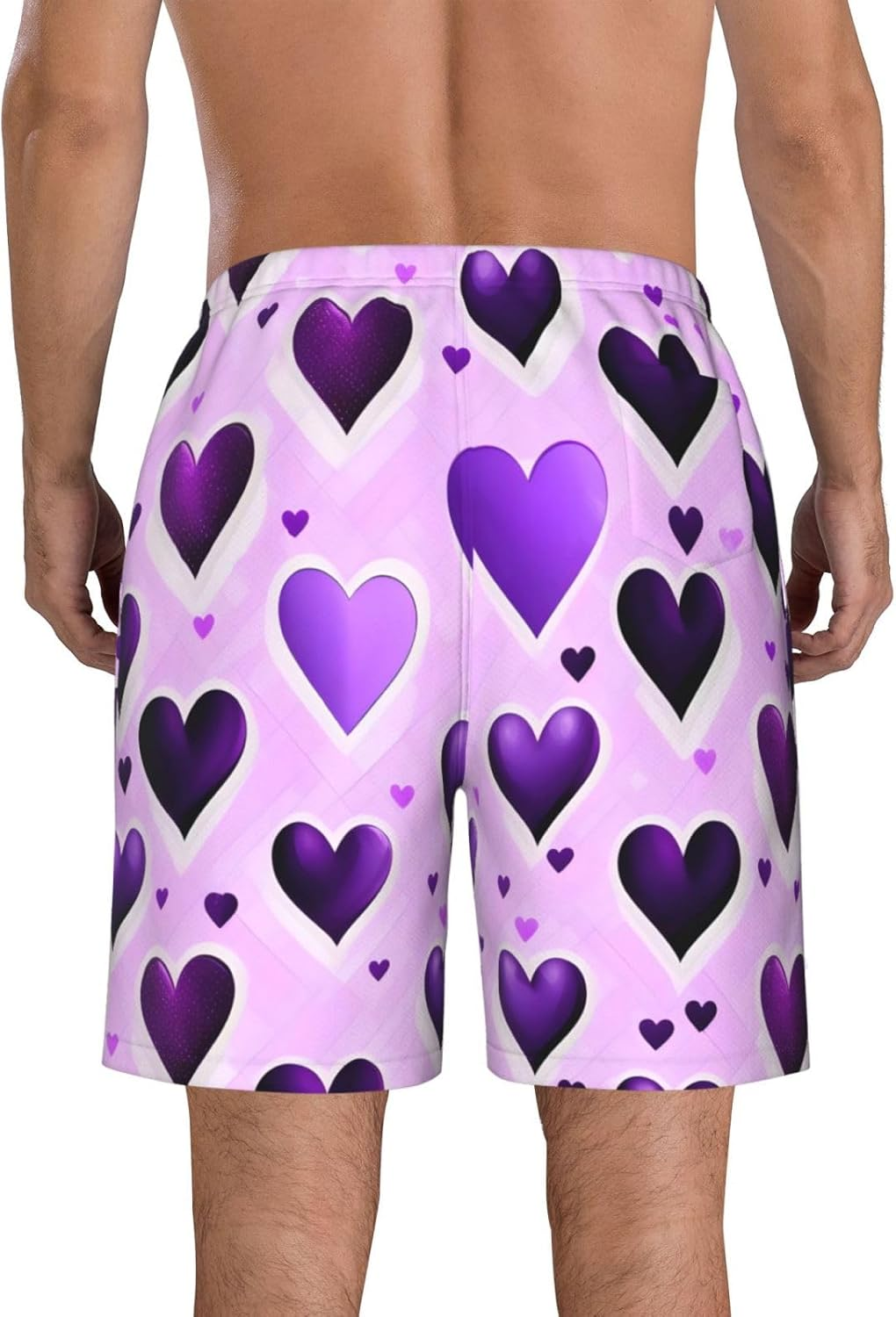 Fashional Purple Hearts Print Mens Swim Trunks Quick Dry Bathing Suits Summer Holiday Beach Board Shorts Pockets image number 1