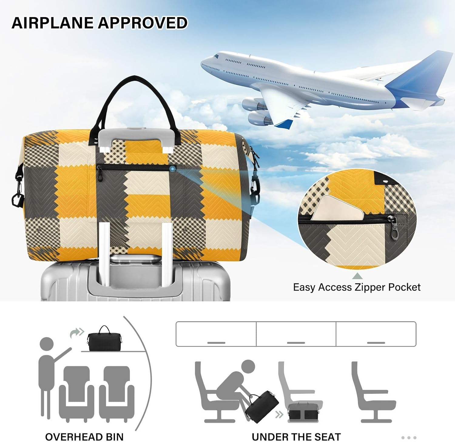 WOIWB Yellow Plaid Duffel Bag for Travel Gym Sport, Weekender Travel Bags Carry on Overnight Bag image number 2