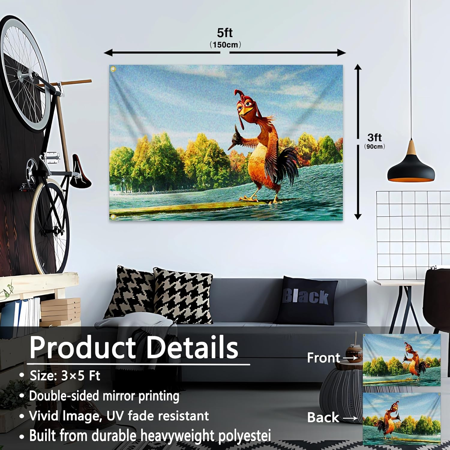 Chicken Flag, 90 * 150Cm Funny Flags with 4 Brass Grommets, Vivid Color and Fade Proof, Indoor/Outdoor, for Bedroom Living Room College Dorm Man Cave Room Decor Parties Gift image number 4