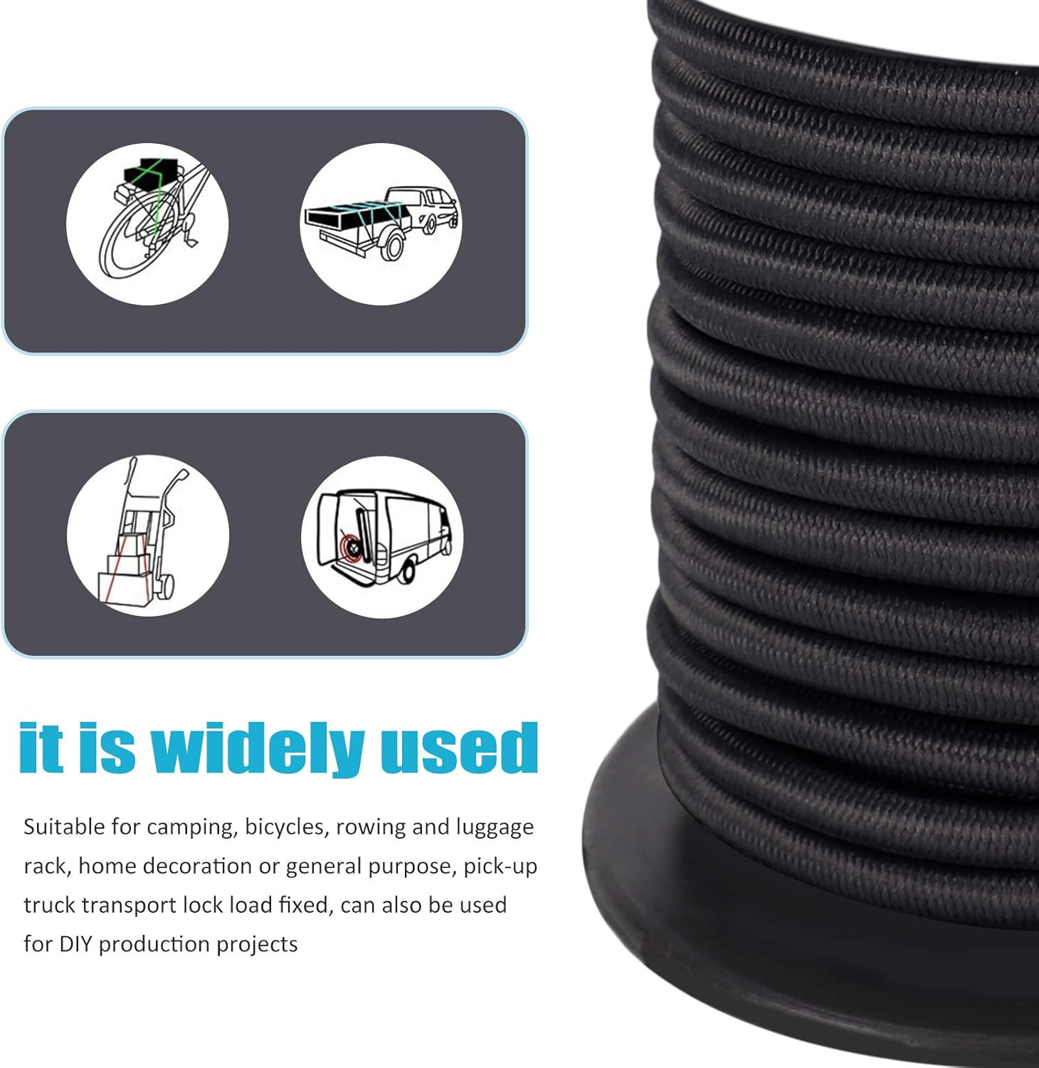 Ultimate Resistant 20M Elasticated Secure Rope, Bungee Straps, Elastic Bungee Cords and Fixings, Premium Black 8 Mm Shock Cord, Perfect for Transport, Bicycle, and Loading, Clothesline image number 5