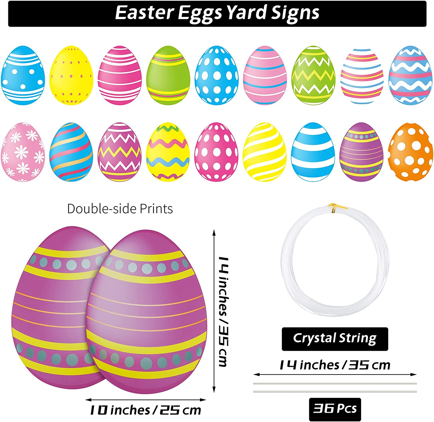 ADXCO 18 Pieces Easter Colorful Eggs Yard Signs with Stakes and String Double-Side Print Outdoor Easter Spotted Eggs Yard Decorations Waterproof Lawn Decorations for Easter Party Supplies image number 5