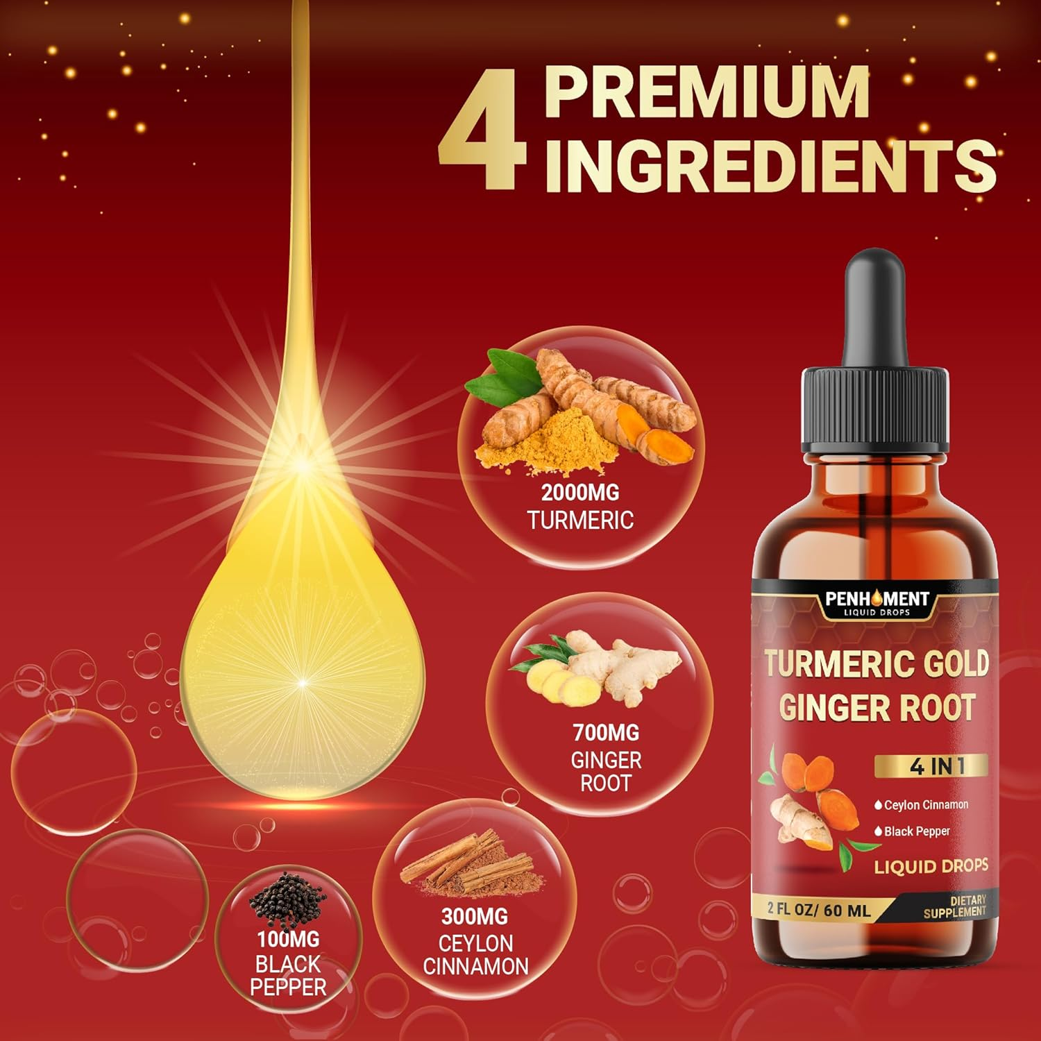 PENHOMENT 4 in 1 Liquid Turmeric Curcumin Drops Ginger Ceylon Cinnamon and Black Pepper - 2FL Oz - 60 Servings image number 4