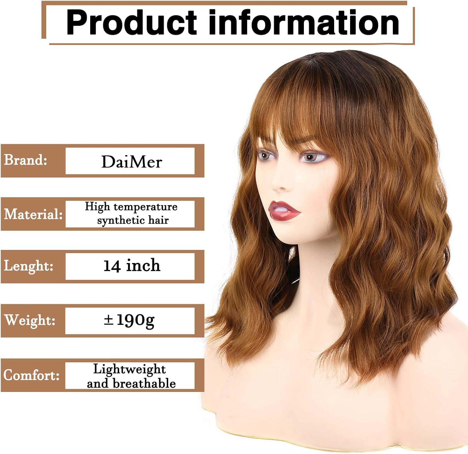 Daimer Brown Wig with Bangs Auburn Wigs for Women Short Wavy Light Brown Wig Shoulder Length Curly Bob Synthetic Heat Resistant Fibre for Daily Party Use (16 Inches) Natural Curly image number 5