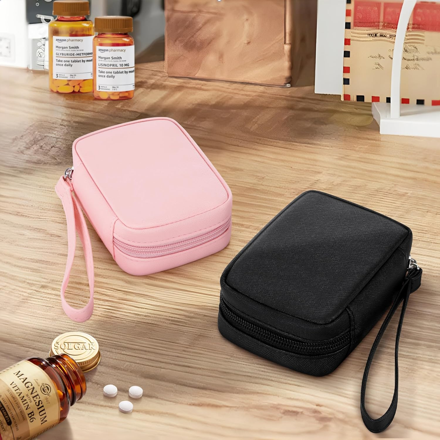 Zannaki Cute Pill Organizer for Purse with Two Removable 7-Day Pill Box, Travel PU Leather Pill Case, Portable Weekly Pill Container with Storage Bag to Hold Vitamins, Fish Oils, Supplements (Black) image number 5