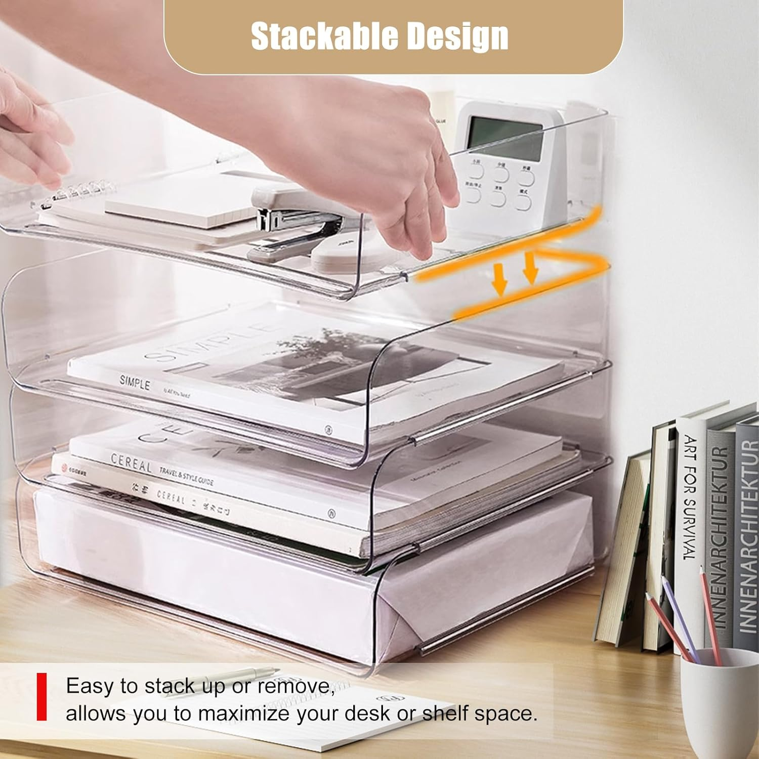 Clear Stackable Paper Trays 4 Pack, Letter Tray Desk Organizer, Desktop Organizers and Storage for Books, Magazines, Folders, A4 Size File Paper, Office Supplies