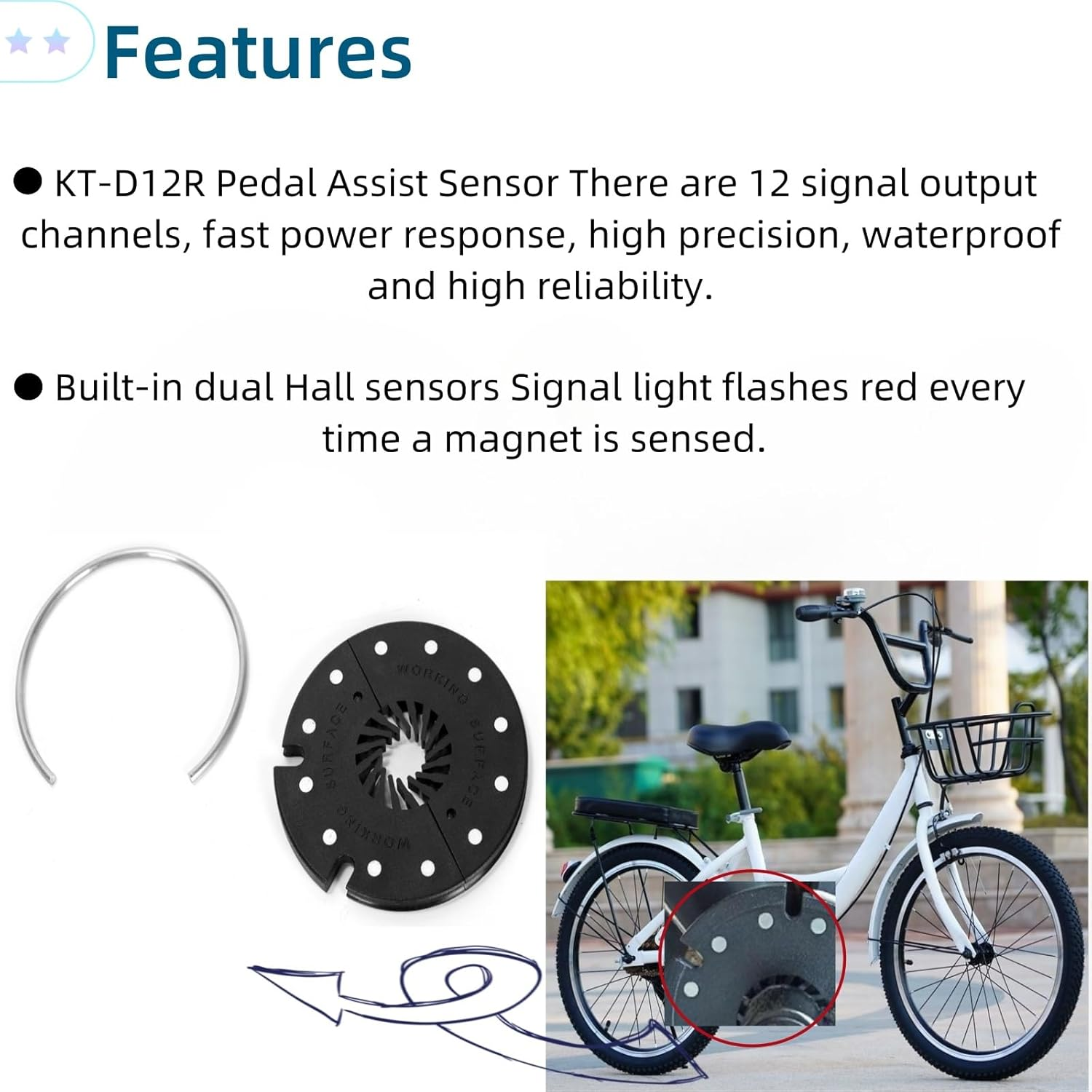 Ruimou 1Set KT-D12L 3Pin E-Bike PAS Magnetic Point Waterproof Pedal Assist Sensor (Waterproof Connector) Cable Length 85Cm for 12V to 48V Electric Mountain Bikes image number 5
