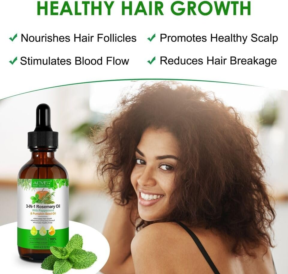 Aliver Essential Oil Blend, 2.02 Oz, Rosemary, Pumpkin Seed, Peppermint, Anti-Acne Treatment, Skin Rejuvenation, Hair Treatment