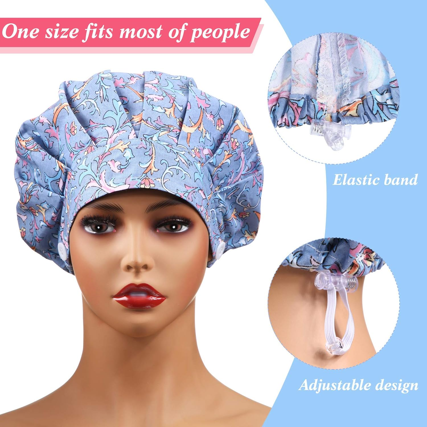 Geyoga 5 Pieces Adjustable Bouffant Caps with Buttons Printed Tie Back Hats with Sweatband Hat for Women Men, 5 Styles, Multi Color, 1 image number 3