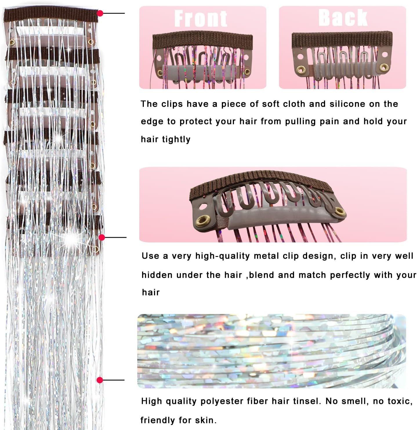 Obinying Hair Tinsel Pack of 18 Pcs Hair Tinsel Clip in 20.5 Inch Glitter Tinsel Hair Extensions Clip in Hair Tinsel Kit Party Festival Fairy Hair Accessories for Girls Women Kids (Silver) image number 6